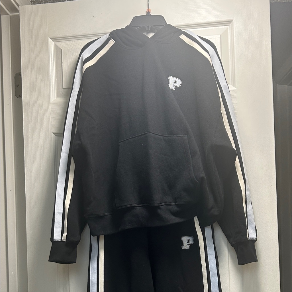 Pink Victoria's Secret Black Hoodie And Pants Set